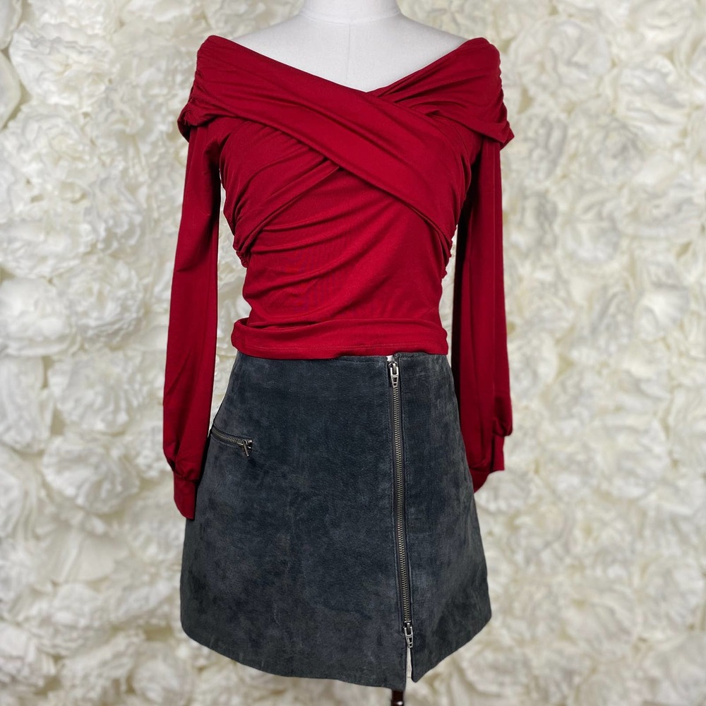 Favlux Witchy Burgundy Red Crossover Wrap Stretch Peasant Top Size Small